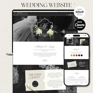 Può includere: Un design di sito web di matrimonio visualizzato su un laptop e uno smartphone. Il sito web presenta un tema in bianco e nero con accenti floreali, i nomi "Marcus & Lucy" e la data "04.04.2026". Il testo aggiuntivo include "WEDDING WEBSITE", "Custom RSVP DIY Form" e "Editable Canva Template".