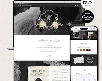 Neutral Black & Ivory Floral Wedding Website Template with RSVP: Editable Canva Design (Digital Download)