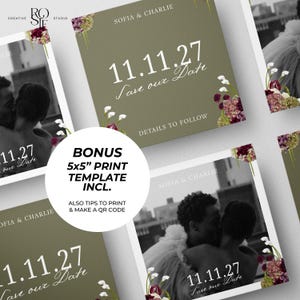 May include: A square save the date card template featuring an olive green background with white text reading Sofia & Charlie, 11.11.27, Save our Date, and Details to Follow, accented by floral illustrations of purple hydrangeas and white calla lilies.