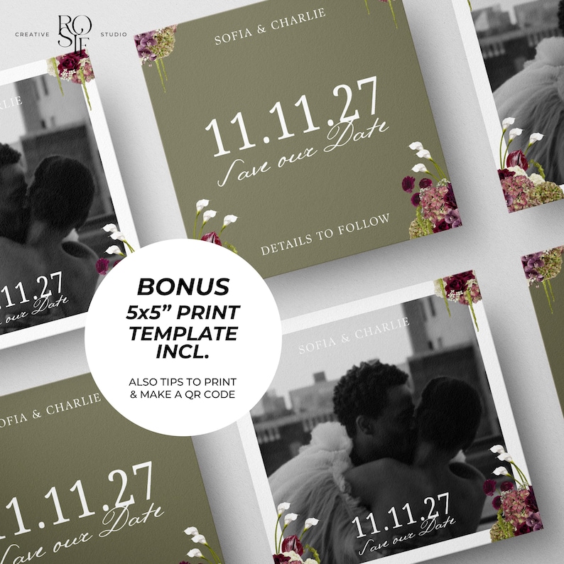 May include: A square save the date card template featuring an olive green background with white text reading Sofia & Charlie, 11.11.27, Save our Date, and Details to Follow, accented by floral illustrations of purple hydrangeas and white calla lilies.