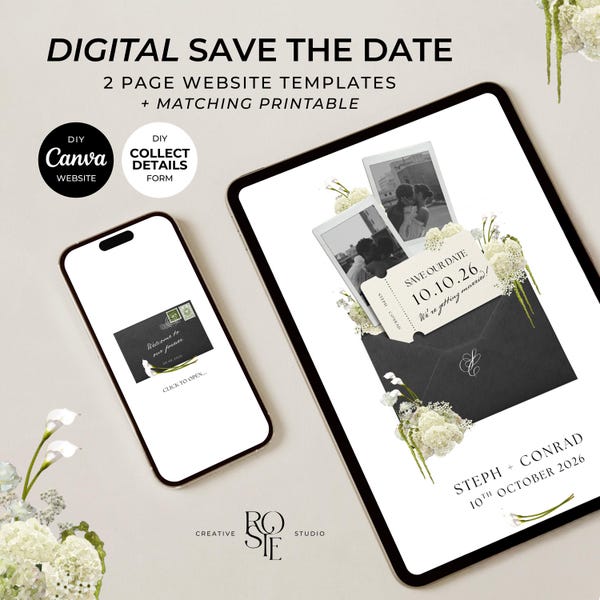 Black, Ivory & Green Save the Date Website: Canva Digital Invitation (Digital Download)