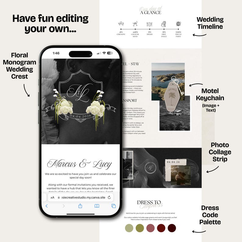 May include: A wedding invitation design with a floral monogram crest, wedding timeline, and photo collage strip. The design includes a motel keychain image and a dress code palette. The text includes the names "Marcus & Lucy".