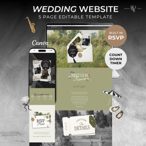 May include: A 5-page editable wedding website template displayed on a computer monitor and a smartphone screen. The design features a green color palette, a countdown timer, built-in RSVP functionality, and text including "Meet us in France" and "The Details."