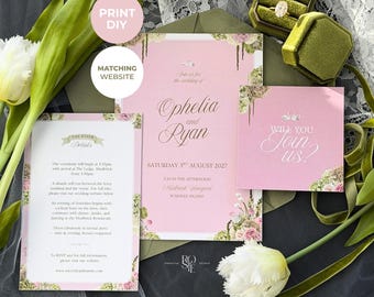 May include: A pink wedding invitation suite featuring floral accents and the text Ophelia and Ryan, Saturday 3rd August 2027, and Will You Join Us. The set includes a details card and is displayed with a gold ring in a green velvet box.