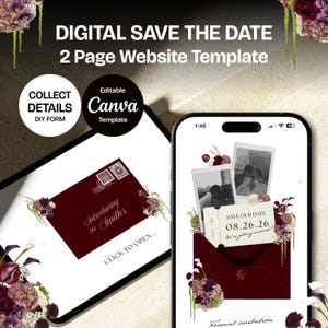 May include: Digital save the date website template with a burgundy envelope design. The template includes editable Canva options and a DIY form. The design features floral accents and the text "Introducing the Smiths."