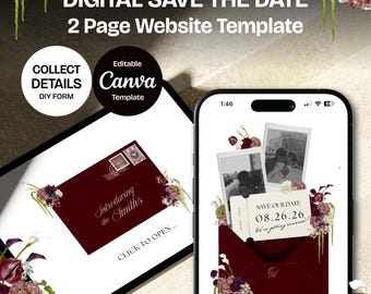 Burgundy Save the Date Website with RSVP/Details: Canva Digital Invitation Template (Digital Download)