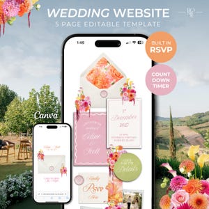 Puede incluir: Una plantilla de sitio web de bodas digital mostrada en dos tel&eacute;fonos inteligentes, con cinco p&aacute;ginas editables con gr&aacute;ficos florales, un temporizador de cuenta regresiva y funci&oacute;n RSVP. La interfaz incluye el texto Wedding Website, 5 Page Editable Template, Built In RSVP, Count Down Timer y Canva.