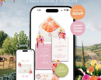 Pink, Orange & Green Wedding Website Template with RSVP: Editable Canva Design (Digital Download)
