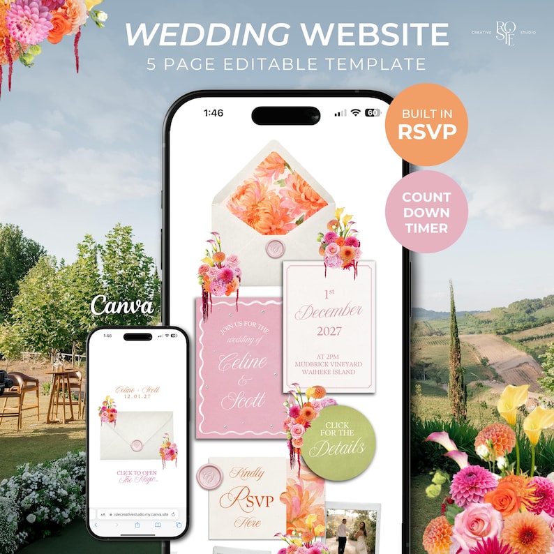 Puede incluir: Una plantilla de sitio web de bodas digital mostrada en dos tel&eacute;fonos inteligentes, con cinco p&aacute;ginas editables con gr&aacute;ficos florales, un temporizador de cuenta regresiva y funci&oacute;n RSVP. La interfaz incluye el texto Wedding Website, 5 Page Editable Template, Built In RSVP, Count Down Timer y Canva.