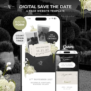 Puede incluir: Una plantilla de sitio web digital de 4 páginas para teléfonos móviles con un sobre negro, detalles florales blancos y dos fotos estilo polaroid. La pantalla muestra el texto 11.11.27, Mudbrick Vineyard, Waiheke Island y un temporizador de cuenta atrás.