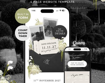 Black, Ivory & Green Save the Date Website: Canva Digital Invitation (Digital Download)