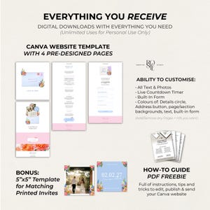 Pode incluir: Um conjunto de modelos de site Canva com quatro p&aacute;ginas pr&eacute;-concebidas com detalhes florais, texto, fotos, temporizadores de contagem regressiva e formul&aacute;rios personaliz&aacute;veis. Inclui um modelo de convite impresso de 12,7x12,7 cm.