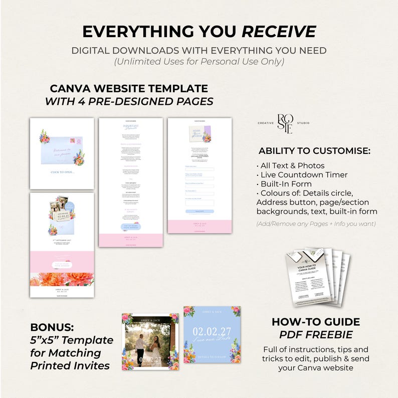 Pode incluir: Um conjunto de modelos de site Canva com quatro p&aacute;ginas pr&eacute;-concebidas com detalhes florais, texto, fotos, temporizadores de contagem regressiva e formul&aacute;rios personaliz&aacute;veis. Inclui um modelo de convite impresso de 12,7x12,7 cm.