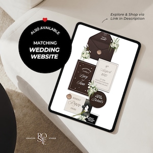 May include: A digital tablet displaying a wedding invitation suite featuring dark brown and cream stationery, floral accents, and wax seals. Text includes "Join us for the wedding of Lucy and Finn," "8th August 2027," "Kindly RSVP Here," and "Also Available Matching Wedding Website."