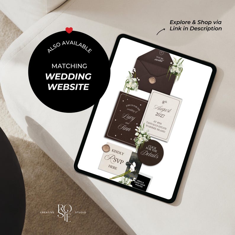 May include: A digital tablet displaying a wedding invitation suite featuring dark brown and cream stationery, floral accents, and wax seals. Text includes "Join us for the wedding of Lucy and Finn," "8th August 2027," "Kindly RSVP Here," and "Also Available Matching Wedding Website."