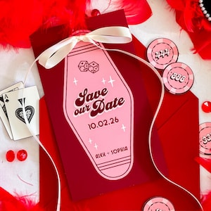 Save the Date Wedding Elopement Invite Template | Retro Motel Keychain Design | Las Vegas Casino Pink Red | DIY Unique Custom Printable