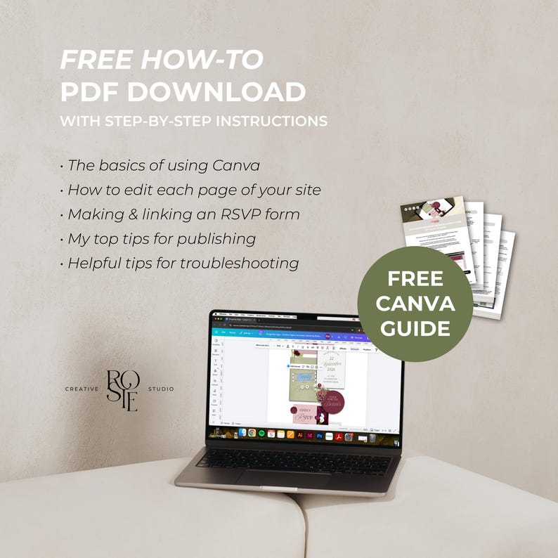 May include: A laptop displaying a Canva design tutorial, with the text "FREE HOW-TO PDF DOWNLOAD" and "FREE CANVA GUIDE." The image also includes a stack of printed guides and the logo for "ROSIE STUDIO."