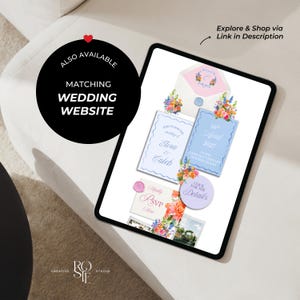 Pode incluir: Um tablet digital exibindo um conjunto de convites de casamento com ilustra&ccedil;&otilde;es florais, cart&otilde;es azul-claros e creme, um envelope rosa e texto incluindo "Join us for the wedding of Elora & Caleb," "16th April 2027" e "Kindly RSVP Here."