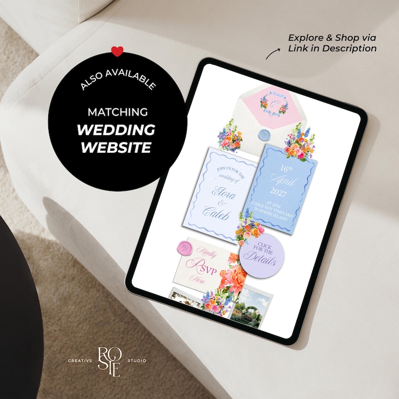 Pode incluir: Um tablet digital exibindo um conjunto de convites de casamento com ilustra&ccedil;&otilde;es florais, cart&otilde;es azul-claros e creme, um envelope rosa e texto incluindo "Join us for the wedding of Elora & Caleb," "16th April 2027" e "Kindly RSVP Here."