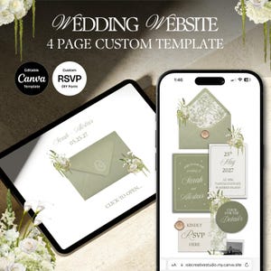 Puede incluir: Una plantilla digital de sitio web de bodas que se muestra en una tableta y un teléfono inteligente. El diseño presenta un sobre verde salvia con detalles florales, y el texto "WEDDING WEBSITE" y "4 PAGE CUSTOM TEMPLATE". La plantilla incluye un formulario RSVP.