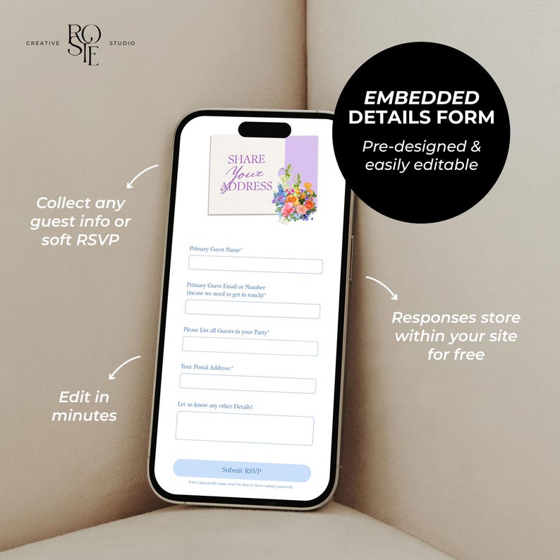 Pode incluir: Uma tela de smartphone exibindo um formul&aacute;rio digital edit&aacute;vel de informa&ccedil;&otilde;es para convidados com gr&aacute;ficos florais. O formul&aacute;rio inclui campos para o nome do convidado, detalhes de contato, n&uacute;mero de pessoas e endere&ccedil;o postal.