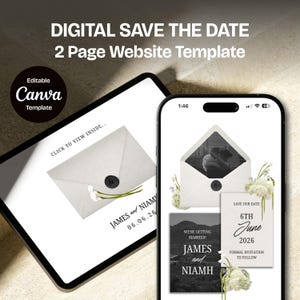 Può includere: Modello di sito web digitale salva la data, visualizzato su tablet e smartphone. Il design presenta una busta bianca con sigillo nero, decorazioni floreali e il testo "JAMES and NIAMH 06.06.26". Il telefono mostra una foto di matrimonio.