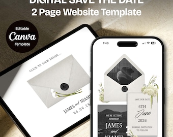 Ivory Black & Green Floral Save the Date Website: Canva Digital Invitation Template (Digital Download)