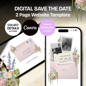 Puede incluir: Plantilla digital de invitación de boda mostrada en tableta y smartphone. El diseño presenta un sobre rosa con detalles florales, el texto "Introducing the Jones" y la fecha "07.22.27". El texto adicional incluye "Collect Details", "Canva" y "Change Envelope Colour".
