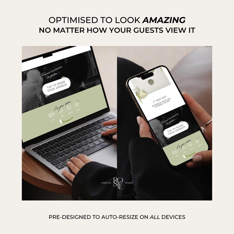 May include: A laptop and a smartphone displaying a digital wedding invitation template with a sage green and black color scheme. The screen shows text including "Tap to share your address," a countdown timer, and "1st May 2027, Mudbrick Vineyard."