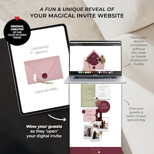 May include: A digital wedding invitation displayed on a tablet and laptop. The tablet shows a pink envelope with a wax seal and the text "Introducing the Spencers." The laptop displays a digital invitation with floral accents. Text includes "Click to Open" and "Wow your guests."