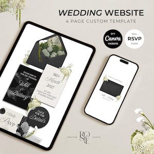 Puede incluir: Plantilla de sitio web de boda digital mostrada en una tableta y un teléfono inteligente. El diseño presenta elementos en blanco y negro, incluida una invitación con los nombres "Will & Britney" y la fecha "3 de marzo de 2027". Incluye un sitio web de Canva y un formulario RSVP.