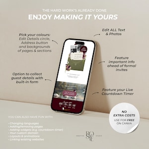 May include: A smartphone displaying a digital wedding invitation template with text reading THE HARD WORK'S ALREADY DONE ENJOY MAKING IT YOURS, featuring editable sections, a countdown timer, and floral graphics in burgundy and green tones.