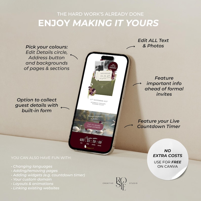 May include: A smartphone displaying a digital wedding invitation template with text reading THE HARD WORK'S ALREADY DONE ENJOY MAKING IT YOURS, featuring editable sections, a countdown timer, and floral graphics in burgundy and green tones.