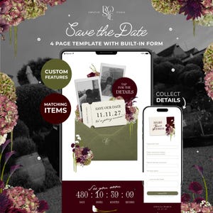 May include: A digital Save the Date 4-page template displayed on a tablet and smartphone. The design features an olive green envelope, floral accents, and a ticket-style card with the text Save our Date 11.11.27. Includes a built-in RSVP form.