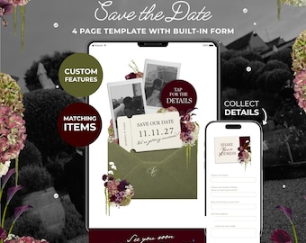 Könnte beinhalten: Eine digitale 4-seitige Save the Date-Vorlage auf einem Tablet und Smartphone. Das Design zeigt einen olivgrünen Umschlag, florale Akzente und eine ticketartige Karte mit dem Text Save our Date 11.11.27. Enthält ein integriertes RSVP-Formular.