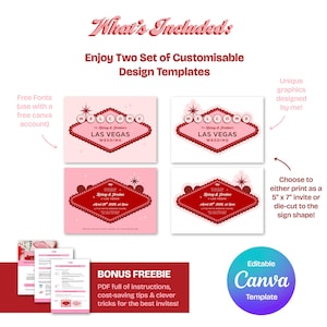 May include: A set of customizable wedding design templates with a Las Vegas theme. The templates feature a red and pink color scheme with the text "Welcome to Las Vegas Wedding". Includes a bonus PDF with instructions and tips.