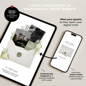 May include: A tablet and smartphone displaying a digital wedding invitation website. The screen shows an envelope with a wax seal, floral accents, and text including 05.01.27, Brady & Lauren, and Mudbrick Vineyard, Waiheke Island. The phone shows a click to open prompt.