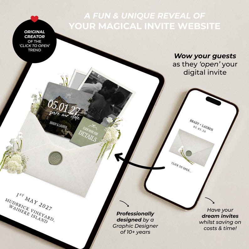 May include: A tablet and smartphone displaying a digital wedding invitation website. The screen shows an envelope with a wax seal, floral accents, and text including 05.01.27, Brady & Lauren, and Mudbrick Vineyard, Waiheke Island. The phone shows a click to open prompt.