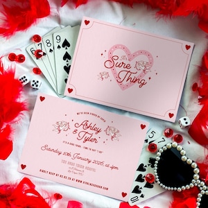 Plantilla de invitación para boda fugaz / Invitación imprimible personalizada DIY / Capilla Sure Thing de Las Vegas / Invitación única con diseño retro de Cupido, rosa y rojo