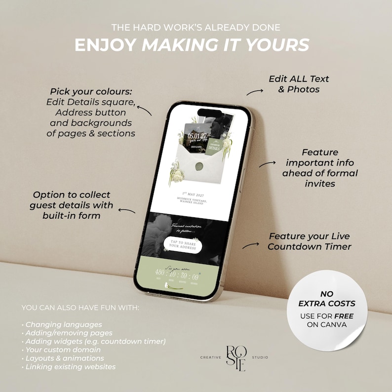 May include: A smartphone displaying a digital wedding invitation template with editable text, photos, and a countdown timer. The screen shows an envelope graphic, event date, and guest form. Text includes THE HARD WORK'S ALREADY DONE, ENJOY MAKING IT YOURS, and NO EXTRA COSTS USE FOR FREE ON CANVA.