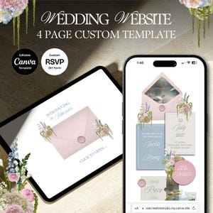 Puede incluir: Una plantilla de sitio web de bodas digital que se muestra en una tableta y un teléfono inteligente. El diseño presenta un sobre rosa con detalles florales, tarjetas RSVP y el texto "WEDDING WEBSITE 4 PAGE CUSTOM TEMPLATE". La plantilla de Canva es editable.