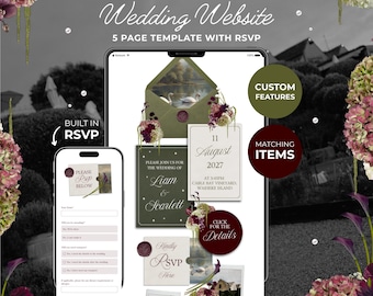 Olive Green & Burgundy Floral Wedding Website with RSVP Function: Editable Canva Template (Digital Download)