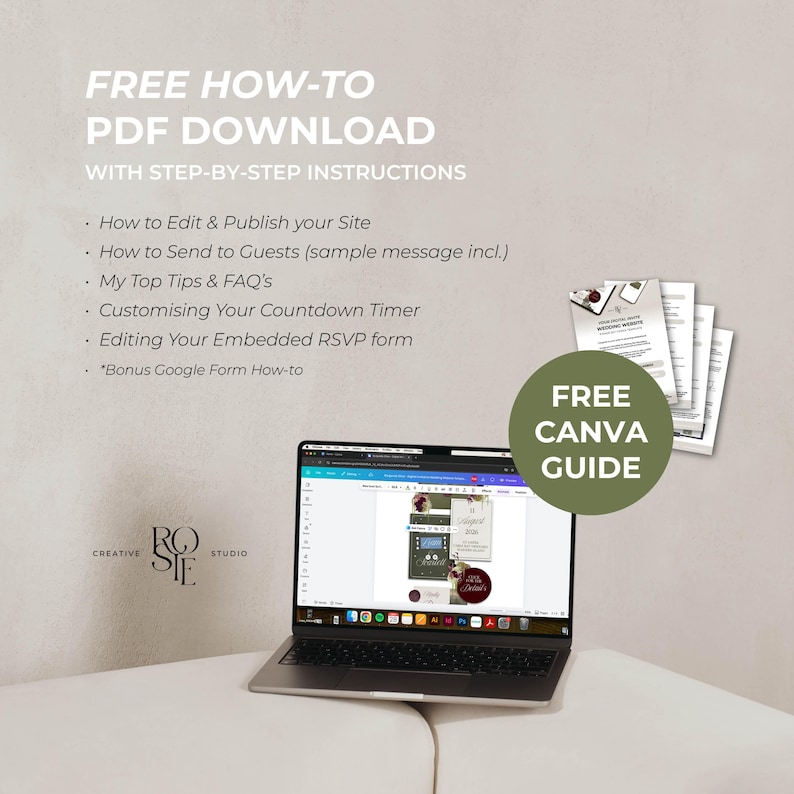 Może przedstawiać: Laptop wyświetlający interfejs projektowania cyfrowego z plikiem wydrukowanych przewodnik&oacute;w obok. Tekst brzmi: FREE HOW-TO PDF DOWNLOAD WITH STEP-BY-STEP INSTRUCTIONS, obejmujący tematy takie jak edycja, publikowanie i formularze RSVP.