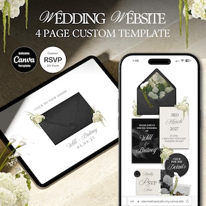 以下が含まれることがあります： タブレットとスマートフォンに表示されたデジタルウェディングウェブサイトテンプレート。デザインは、白い花、イベントの詳細、および「Will & Britney」の名前が付いた黒い封筒が特徴です。「Wedding Website」と「4 Page Custom Template」というテキストが含まれています。