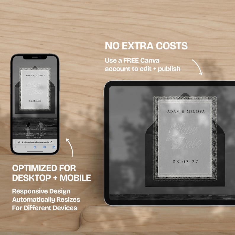 May include: A smartphone and tablet display a wedding invitation design. The invitation features the text "Adam & Melissa" and "Save the Date" with the date 03.03.27. The image also includes the text "Optimized for Desktop + Mobile".