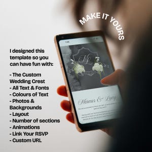 May include: A smartphone displays a wedding invitation template with a custom crest, text, and floral accents. The screen shows the names "Marcus & Lucy" and the date "04.04.2016". Text on the screen and the phone's frame are visible.