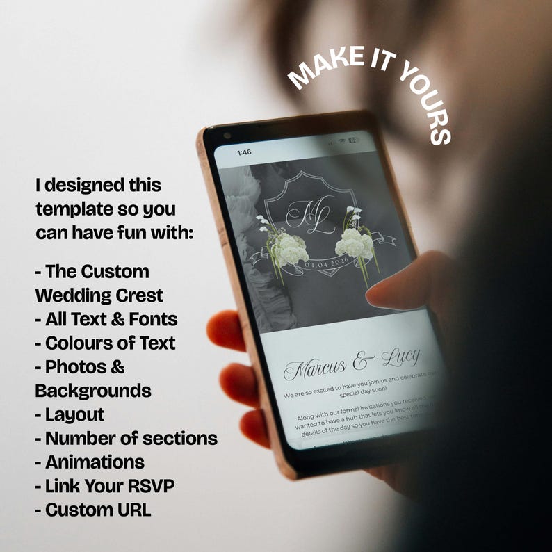 May include: A smartphone displays a wedding invitation template with a custom crest, text, and floral accents. The screen shows the names "Marcus & Lucy" and the date "04.04.2016". Text on the screen and the phone's frame are visible.