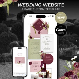 May include: A smartphone displays a wedding website template with an invitation design. The design includes a pink envelope, floral accents, and the text "WEDDING WEBSITE" and "RSVP FORM". The template is for a 4-page custom website.