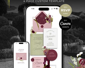 Burgundy, Green & Pink Floral Wedding Website Template with RSVP: Editable Canva Design (Digital Download)