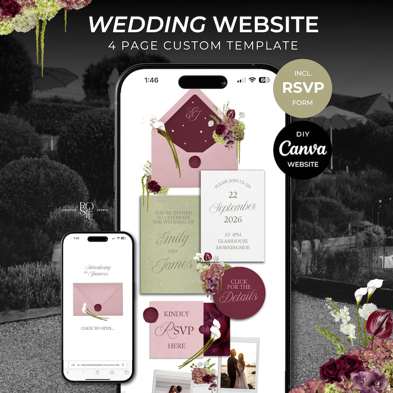 May include: A smartphone displays a wedding website template with an invitation design. The design includes a pink envelope, floral accents, and the text "WEDDING WEBSITE" and "RSVP FORM". The template is for a 4-page custom website.